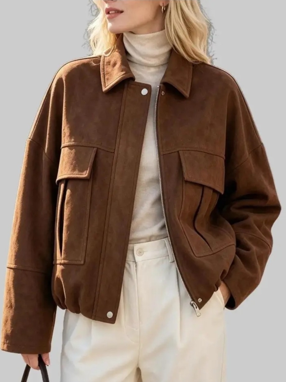 NWT Zeagoo Womens Faux Suede Bomber Jackets Fall Cropped Zip Up Jacket Coat